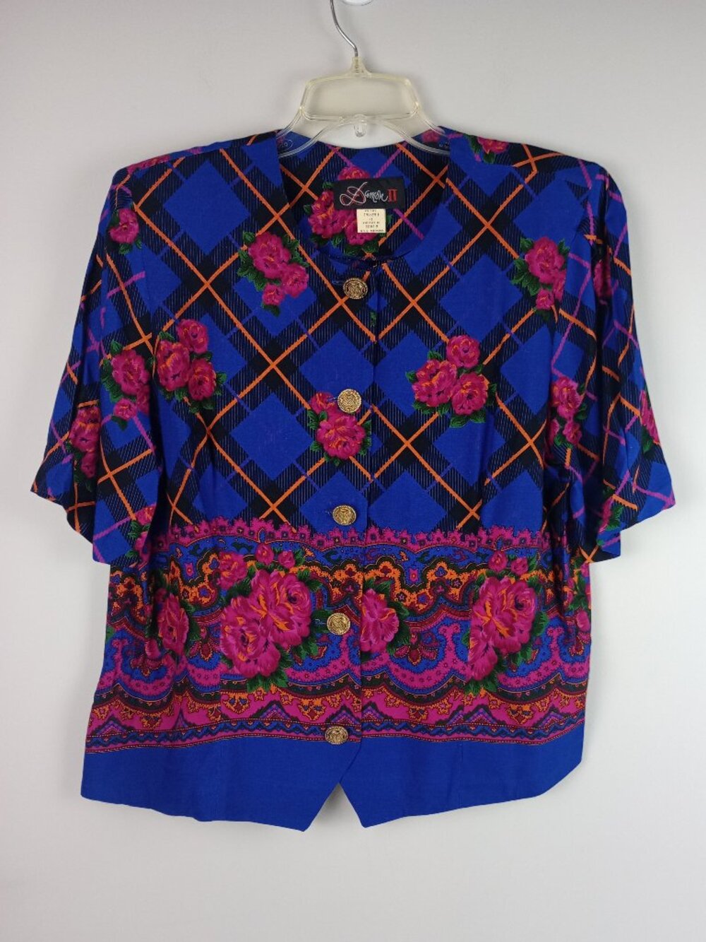 VTG Damon‎ II Womens 16 Blue Pink Floral Plaid Short Sleeve Button Down Blouse